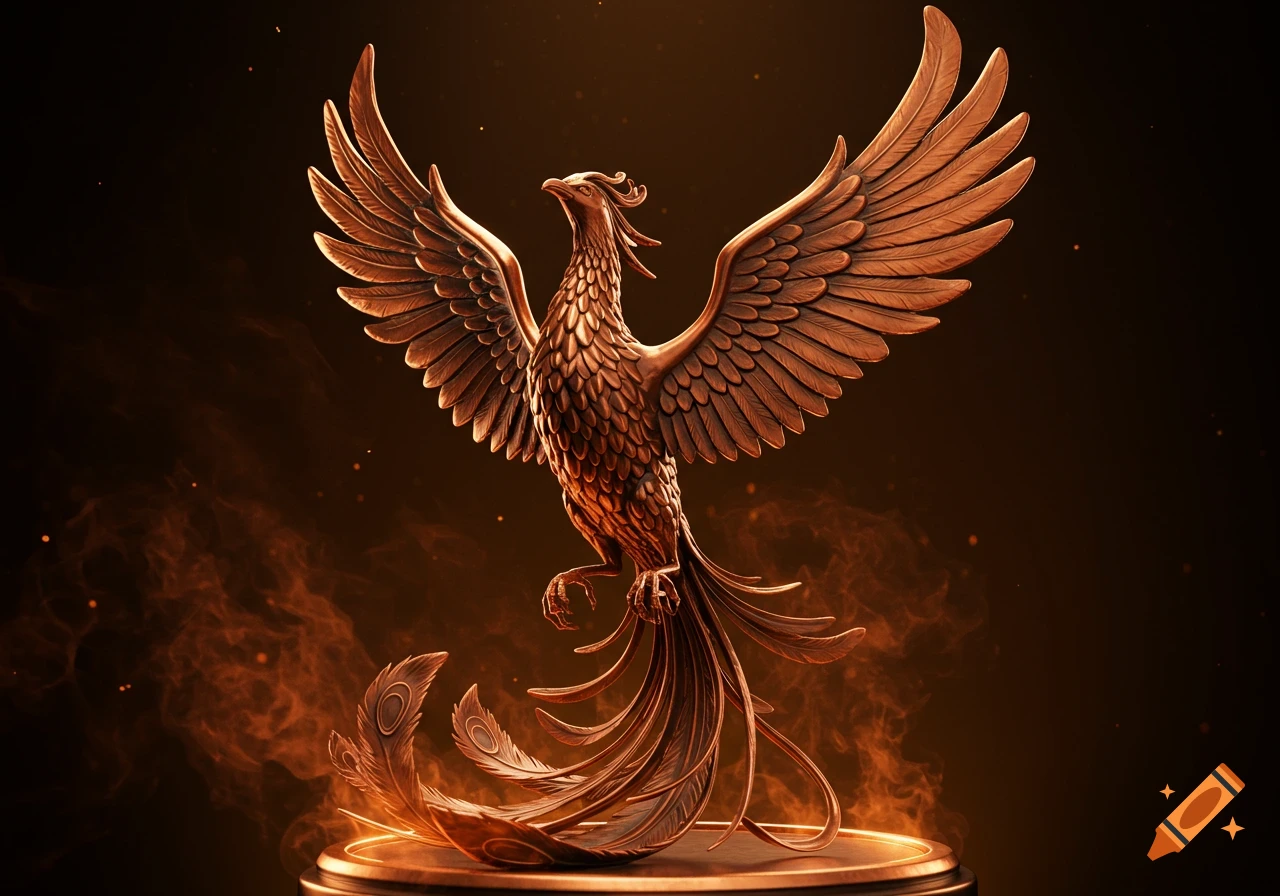 A majestic copper phoenix statue with spread wings rises from fiery smoke on a dark background.