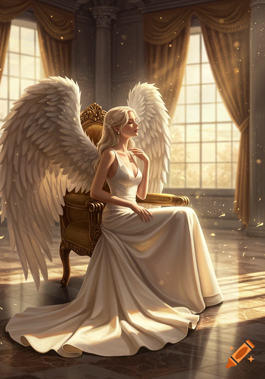 An angelic woman with large white wings sits gracefully on a golden royal chair in a sunlit grand room.