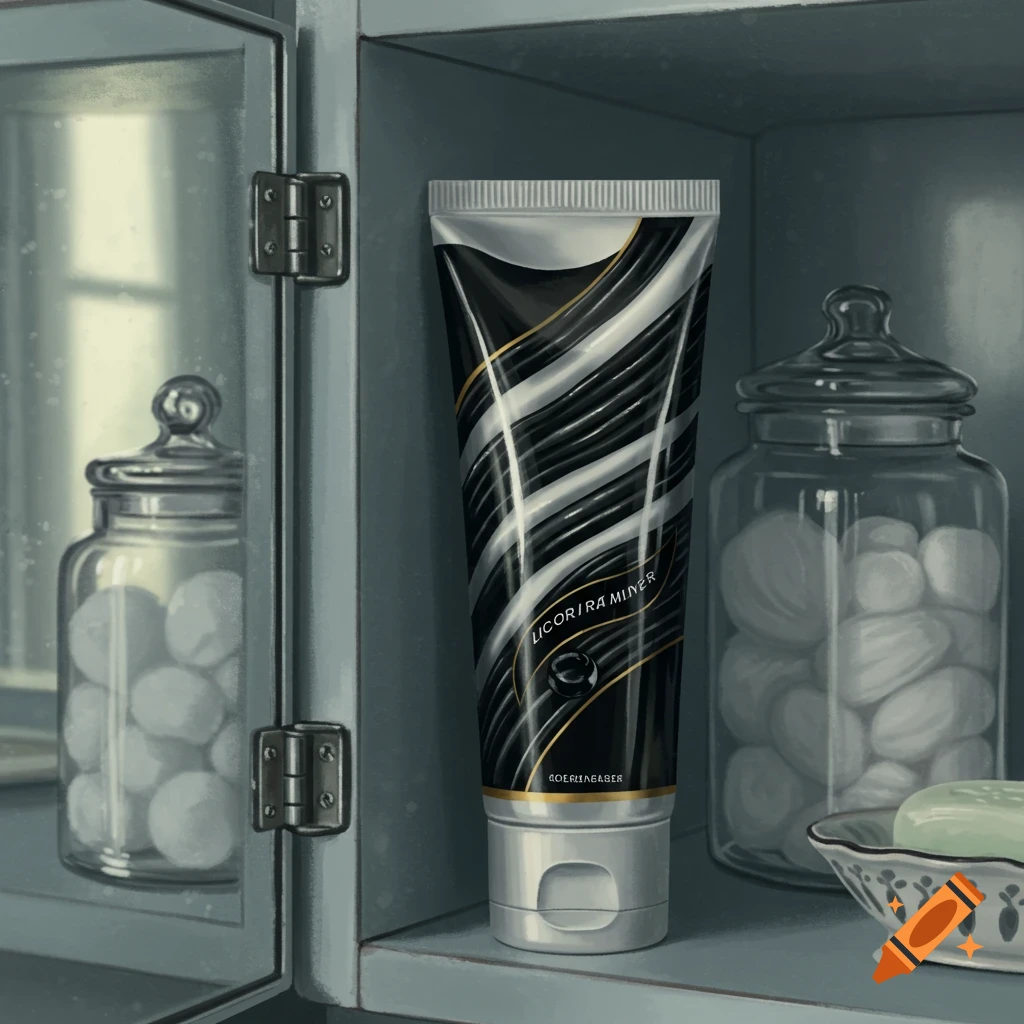 Illustration of a black and silver toothpaste tube with garbled text, glass jars, and soap in a medicine cabinet.