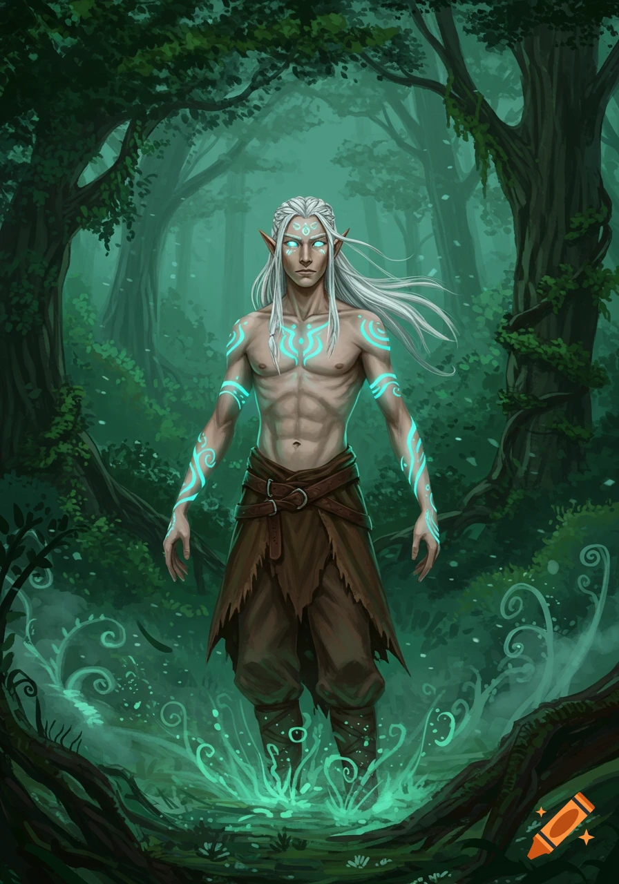 A male elf with white hair and glowing blue tattoos stands in a mystical, lush green forest, ethereal light around his feet.