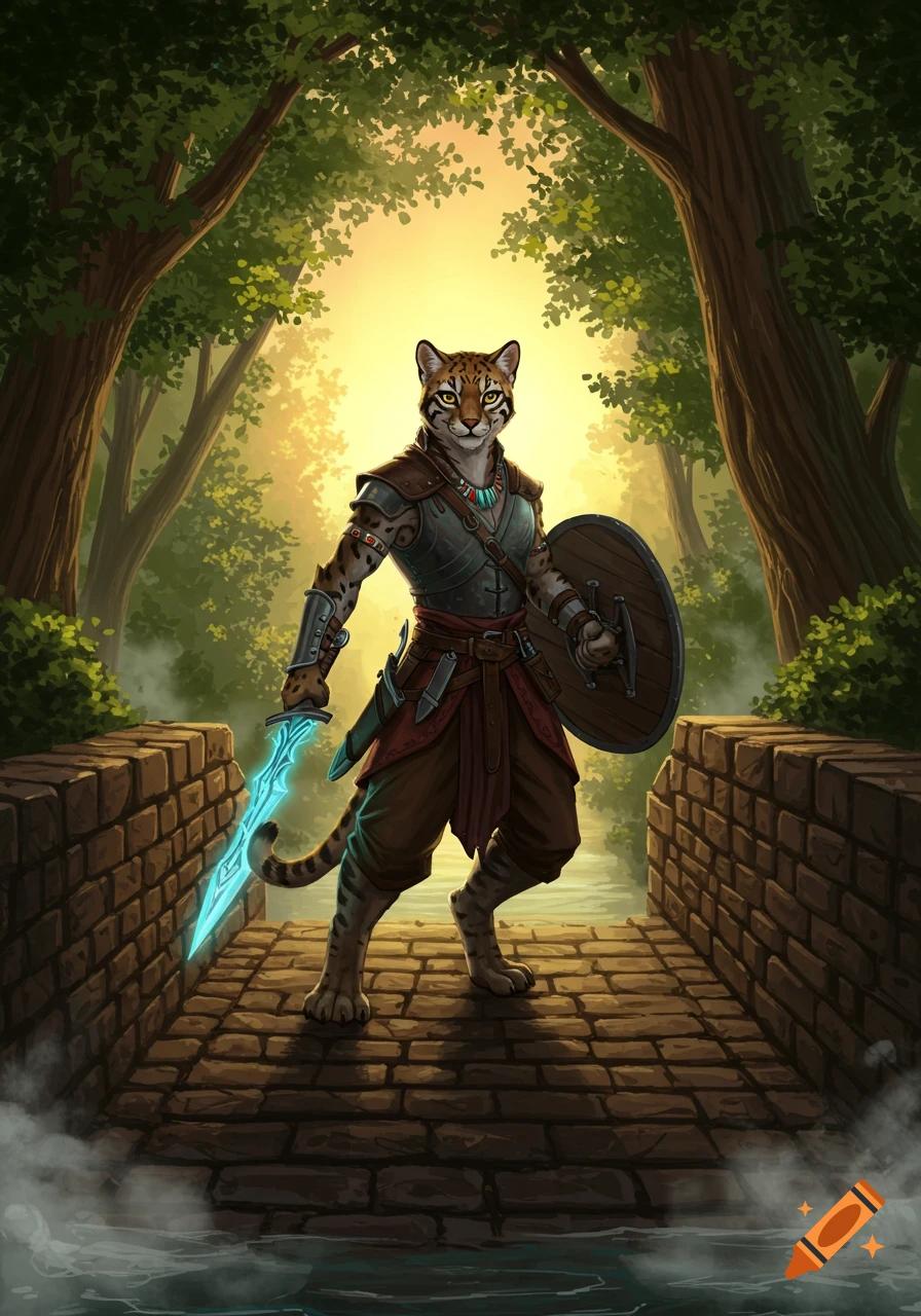 An armored Tabaxi warrior with a glowing sword and shield stands on a stone bridge in a sunlit forest, digital art.