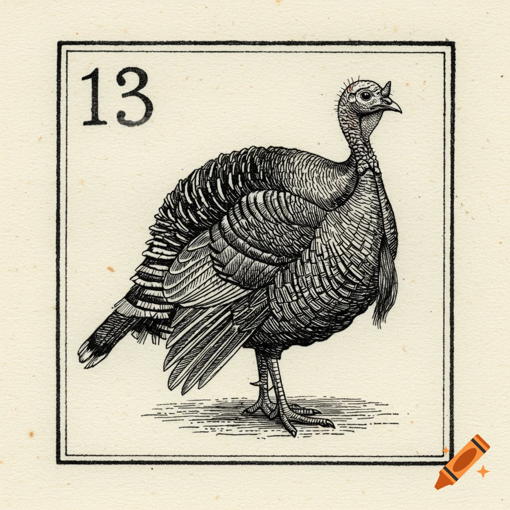 A black and white lithograph line drawing of a turkey facing right, with the number 13 in the top left corner, on aged paper.