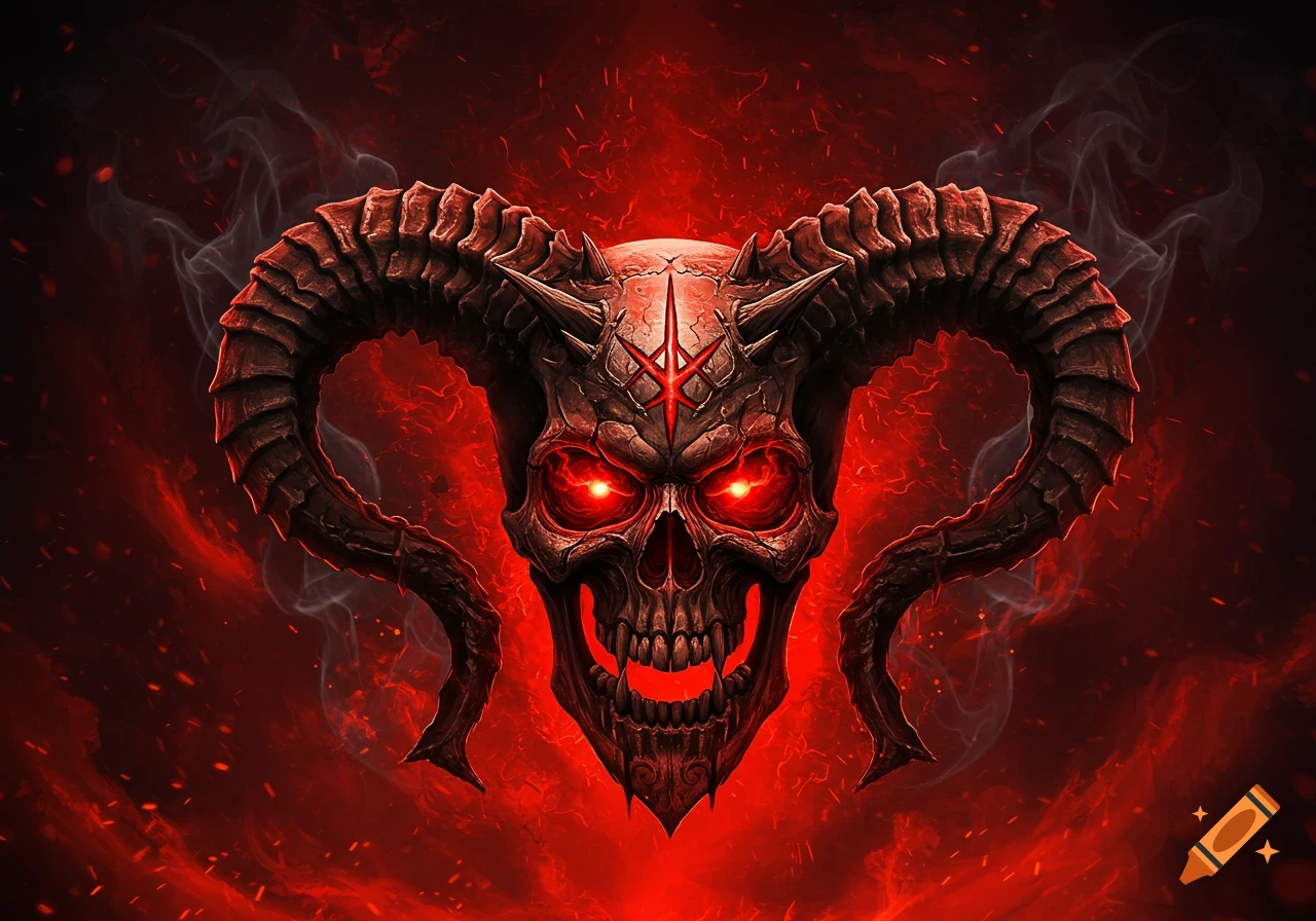 A stylized demonic skull with large curved horns and glowing red eyes, set against a fiery red and black background with smoke and embers, in a heavy metal art style.