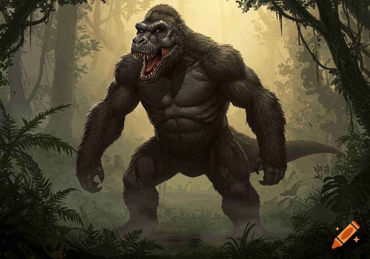 A massive, snarling ape-like monster with dinosaur features stands in a misty, dense jungle.
