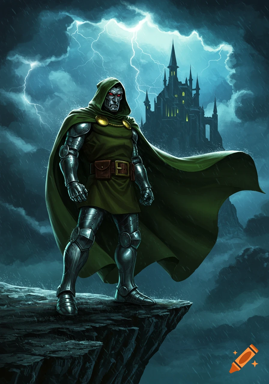 Doctor Doom in full armor and green cape stands on a cliff under a stormy, lightning-filled sky with a dark castle.