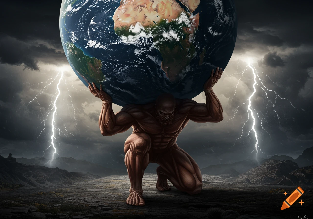 Muscular Titan Atlas kneels, holding the Earth on his shoulders under a dramatic lightning storm.