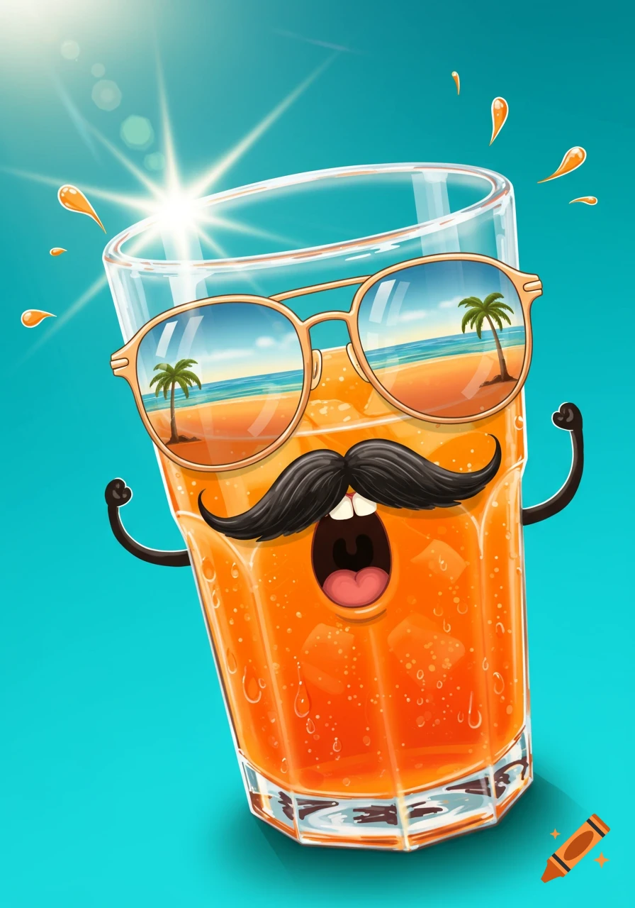 A vibrant cartoon glass of orange juice with a mustache, sunglasses reflecting a beach, and an open, screaming mouth on a blue background.
