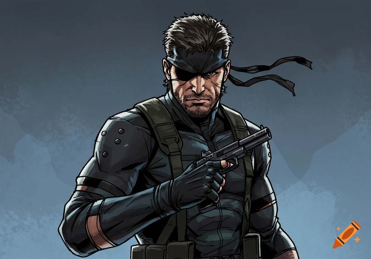 Comic art of Solid Snake in a black stealth suit, eye patch, and headband, holding a pistol against a muted background.