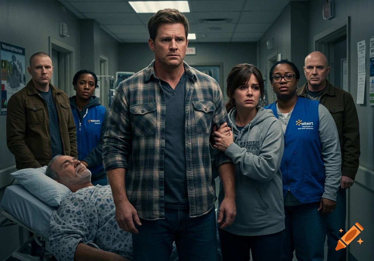 A diverse group of five adults, some looking distressed, standing in a dimly lit hospital hallway around a gurney with an unconscious man.