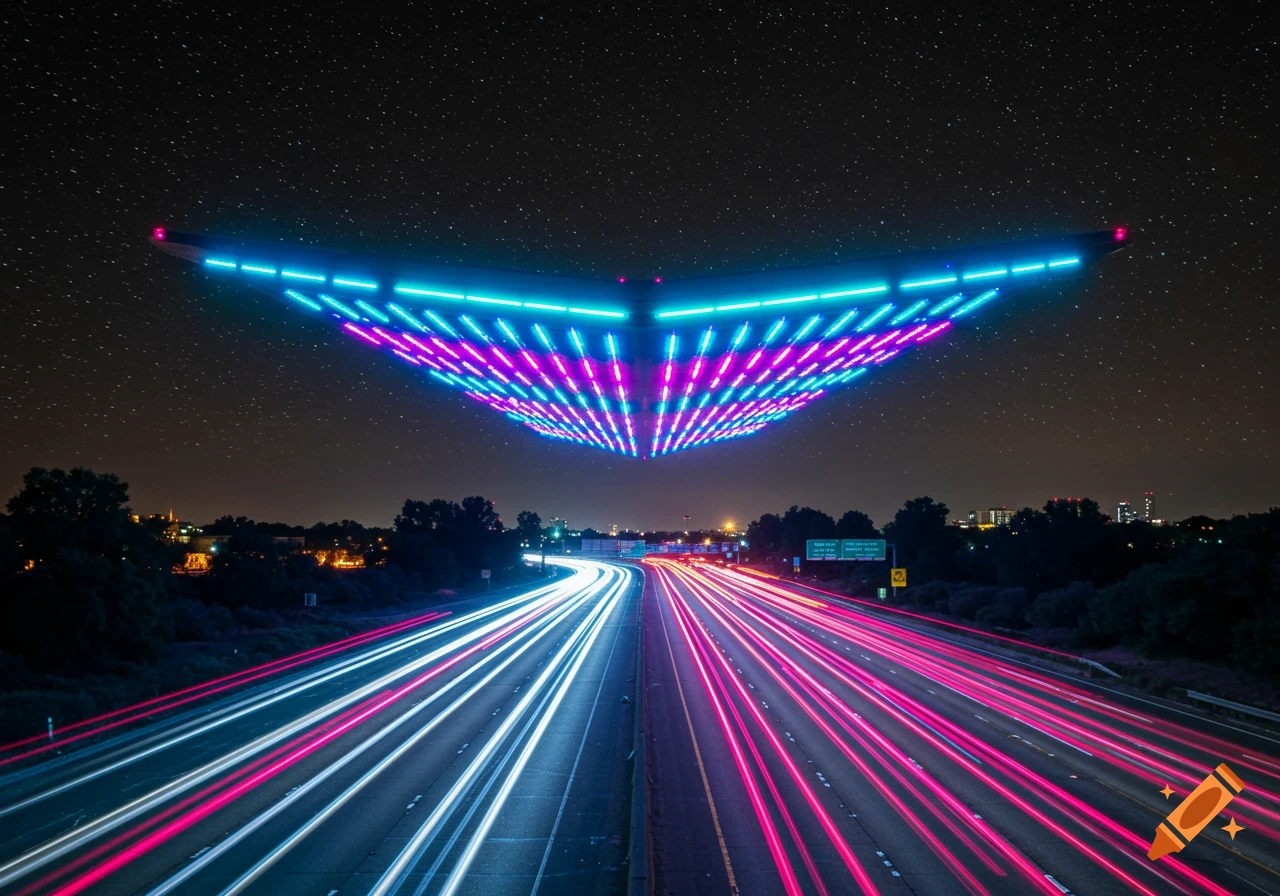 A night long-exposure photograph of a highway with light trails, featuring a V-shaped object with blue and purple lights hovering overhead.
