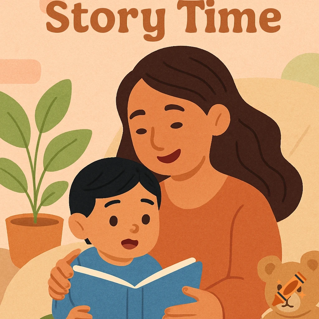 Flat illustration of a mother reading a book to her toddler in a cozy setting with a plant and teddy bear, text 'Story Time' above.