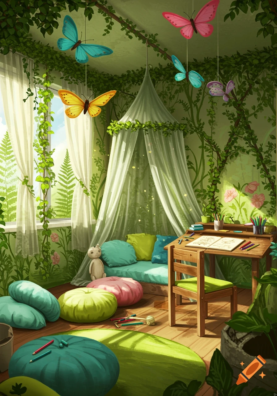A whimsical, nature-themed bedroom with green walls covered in vines, a canopy bed, a wooden desk, and colorful cushions. Large butterflies hang from the ceiling.