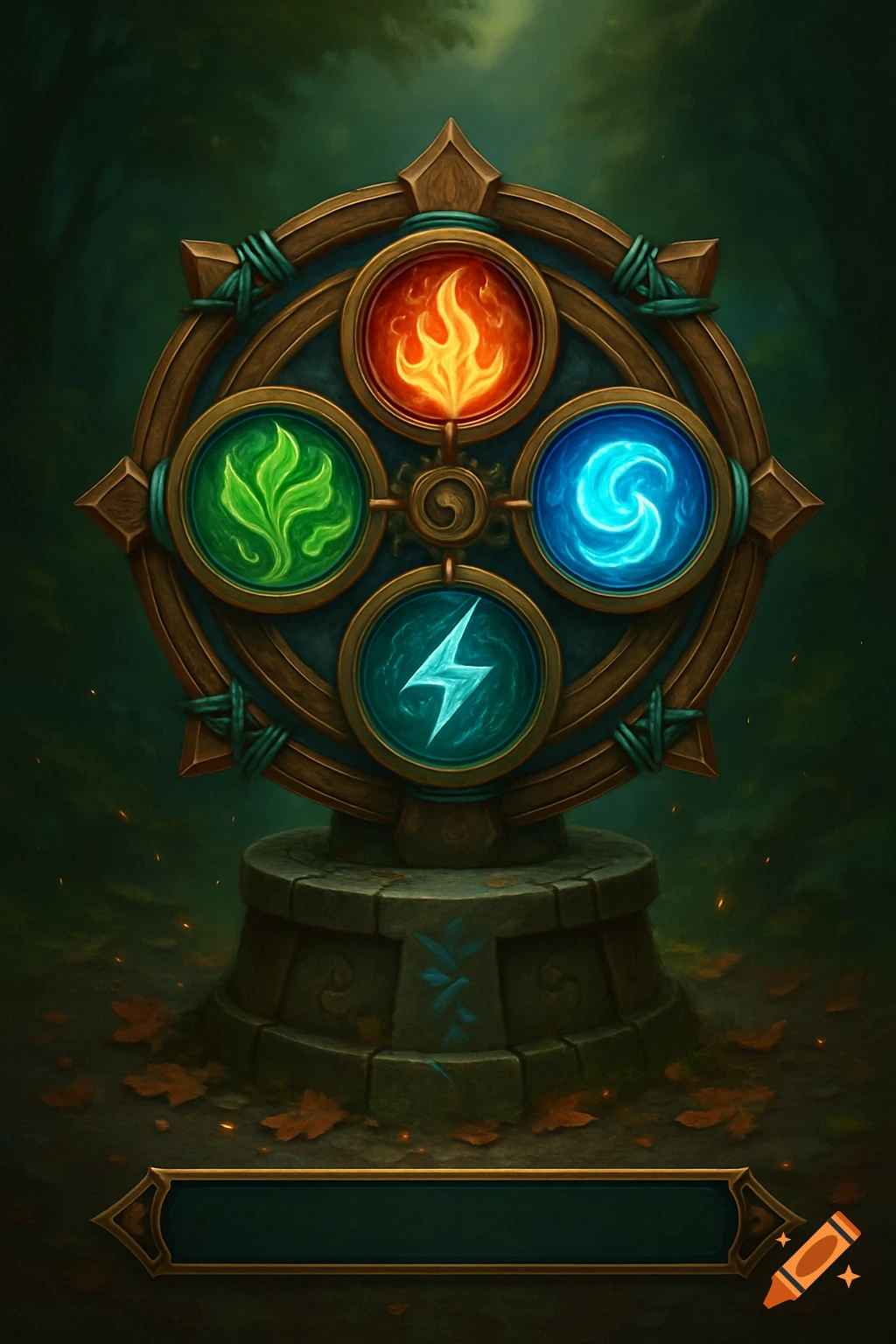 A mystical wooden elemental compass totem with glowing fire, plant, water, and lightning symbols, standing on a stone pedestal in a dark forest, in a fantasy game art style.