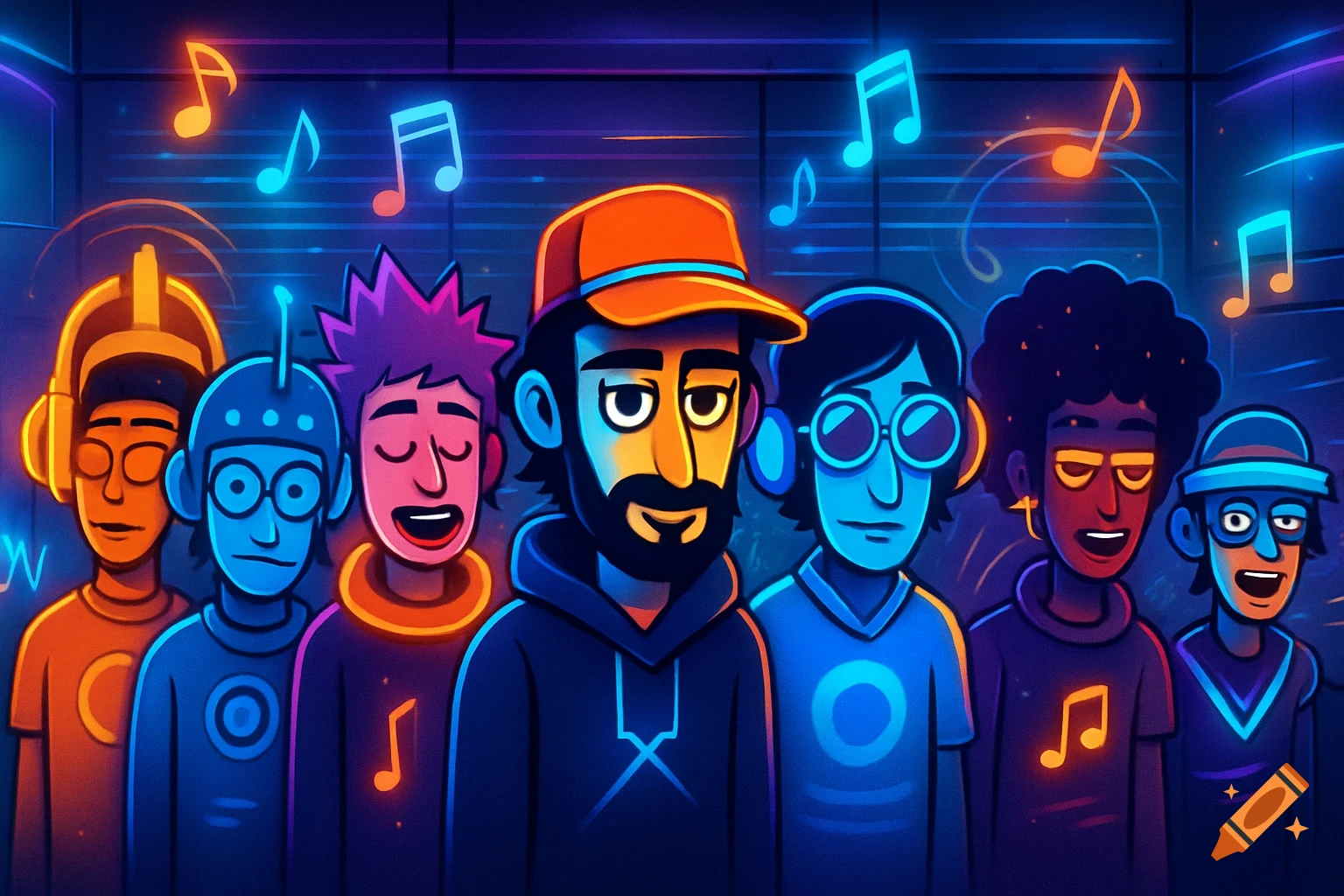 A diverse group of stylized cartoon characters in neon, with musical notes floating, against a dark, glowing background.