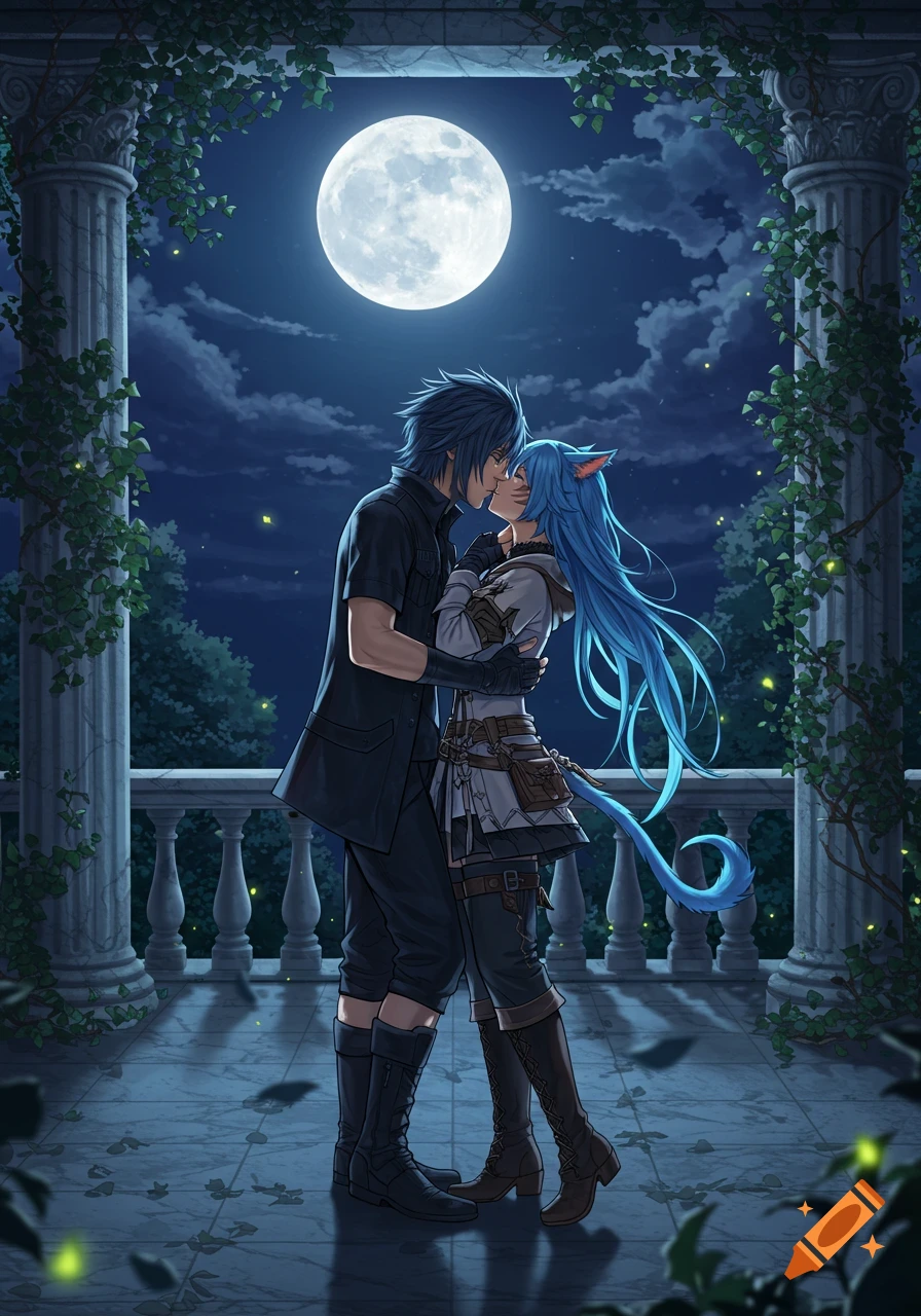 Anime illustration of Noctis from Final Fantasy XV kissing a blue-haired Miqo'te girl on a moonlit balcony with pillars and vines.