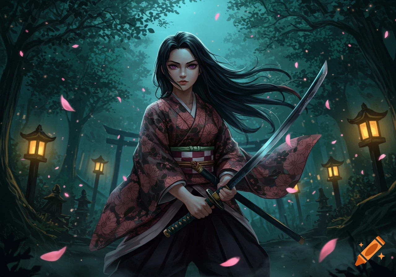 Anime-style female warrior in a kimono holding two katanas in a dark, mystical Japanese forest with lanterns and falling petals.
