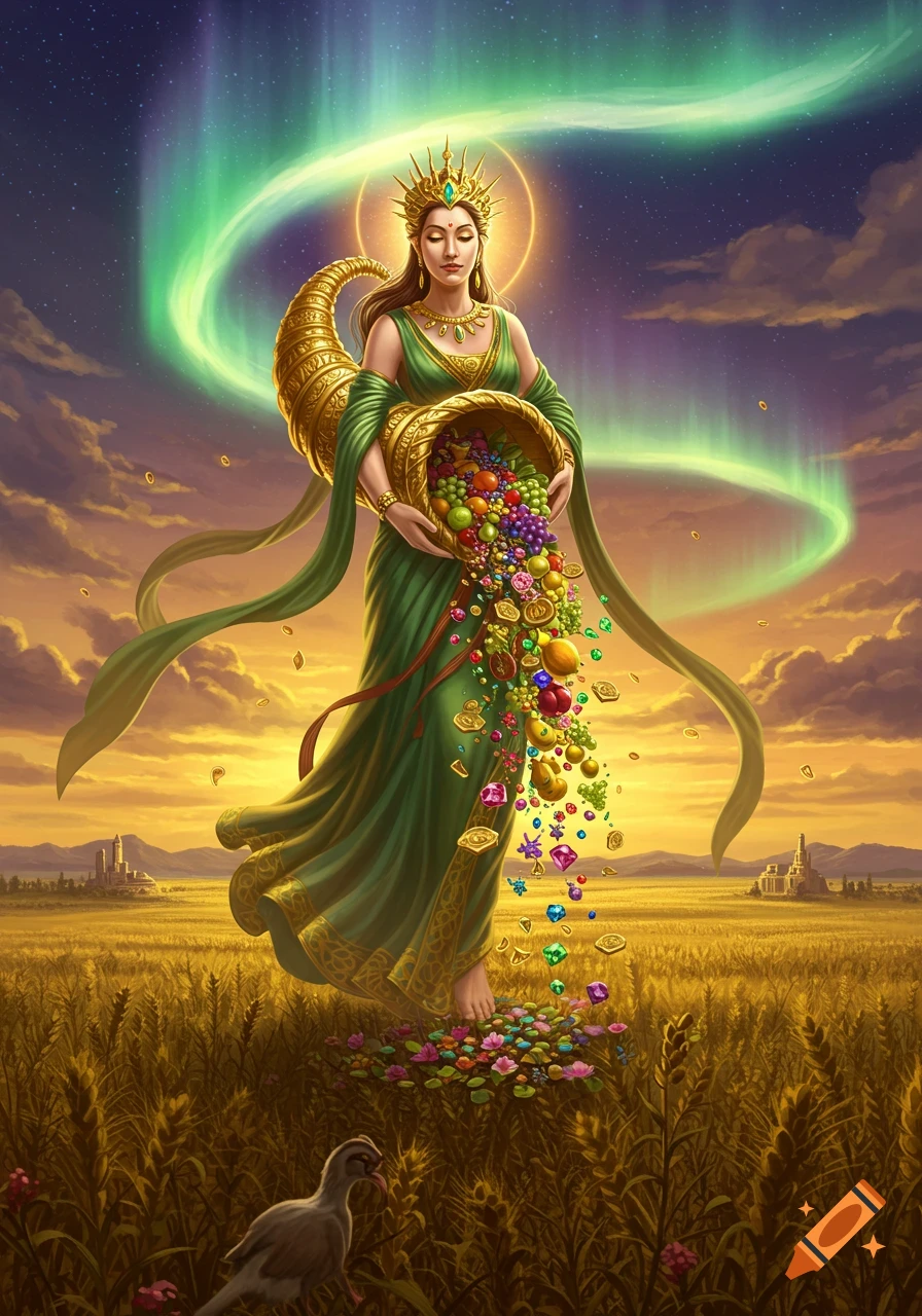 Goddess in green dress stands in wheat field, pouring fruits and jewels from cornucopia under starry sky with green aurora. Digital art.