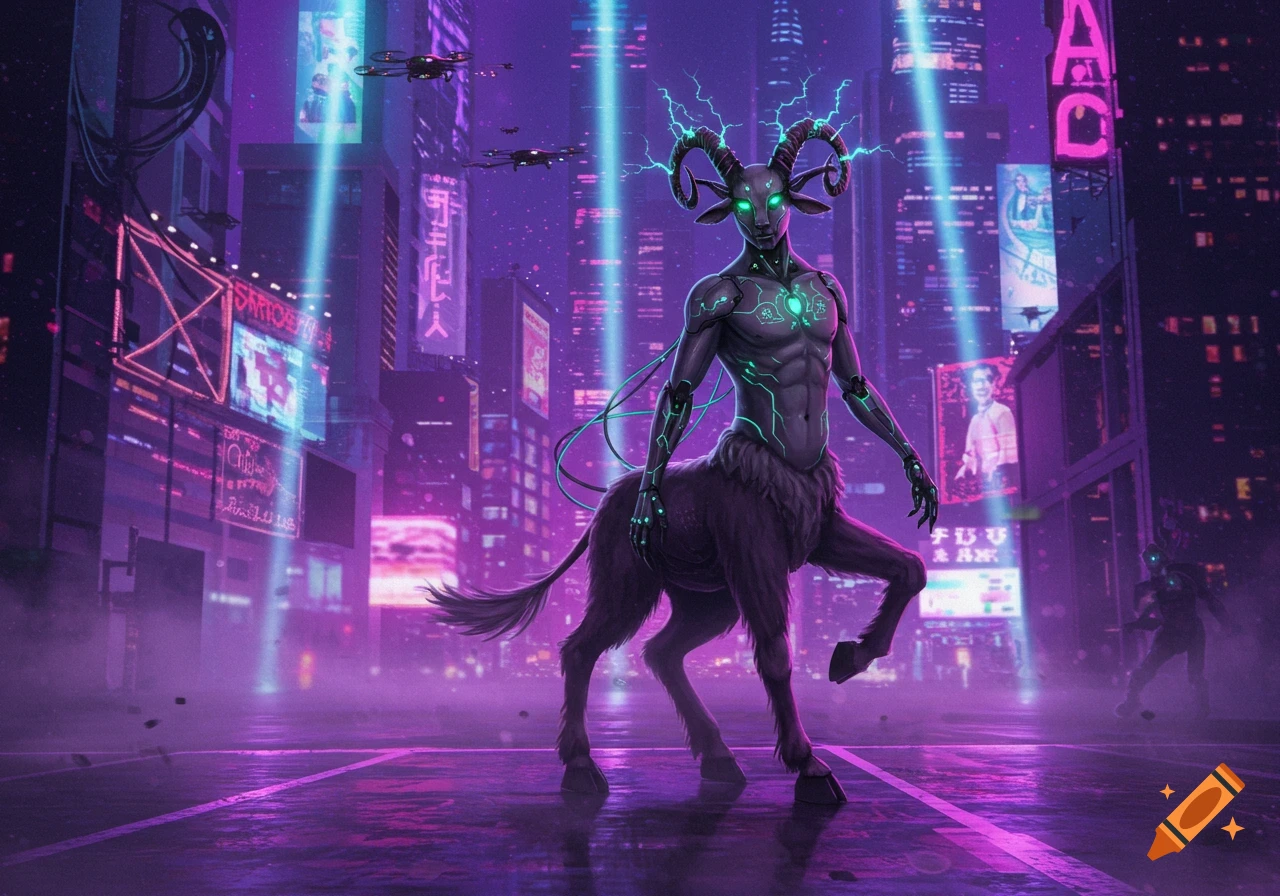 A cybernetic satyr with glowing green eyes and electric horns stands in a neon-lit cyberpunk city at night.