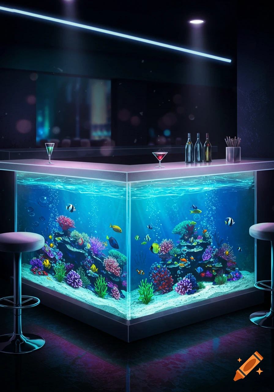 L-shaped bar counter featuring a large, illuminated fish tank filled with colorful coral and tropical fish in a dark, modern bar with neon lights and drinks.