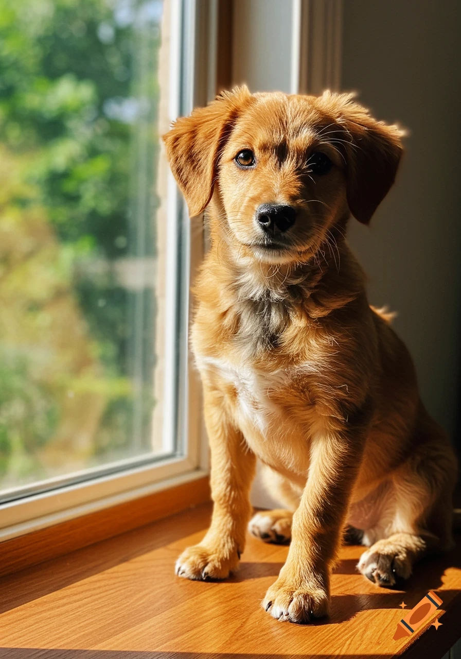 A cute, fluffy golden-brown puppy sits on a wooden windowsill, looking at the camera. Sunlight illuminates its fur.