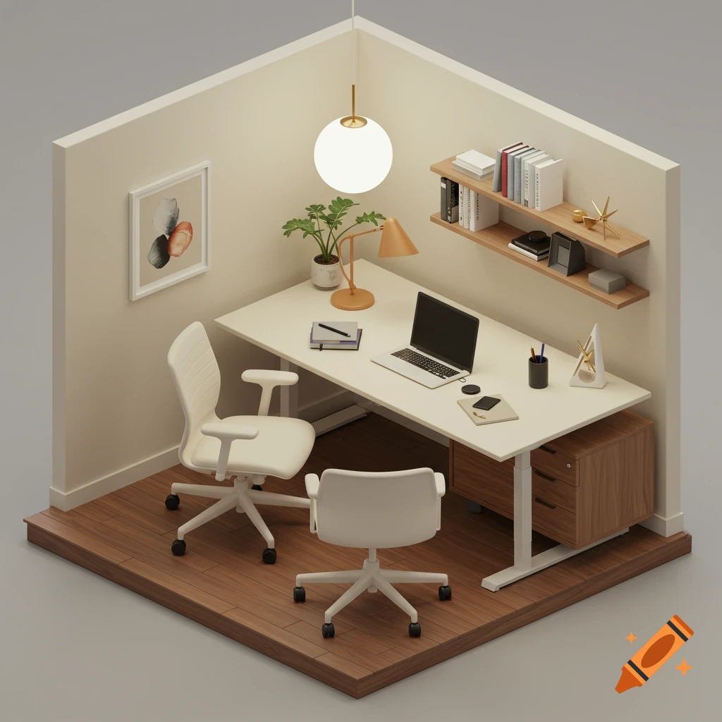 Isometric 3D render of a minimalist luxury office with a sit-to-stand desk, two ergonomic chairs, a laptop, shelves, and a plant.