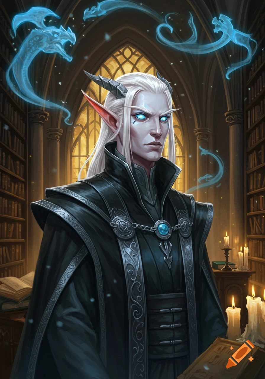 An albino elven sorcerer with glowing blue eyes and horns stands in a magical library, surrounded by spectral blue dragons.