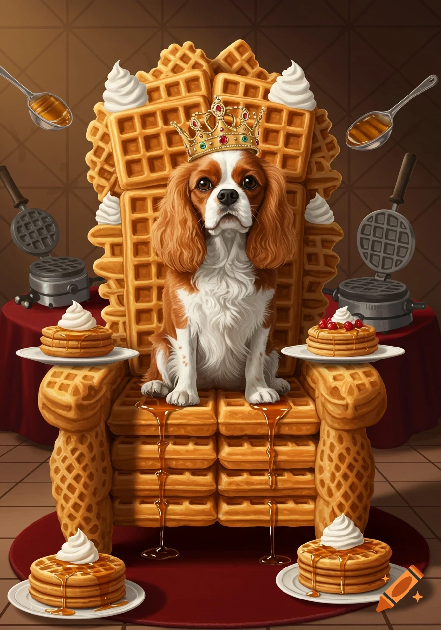 A King Charles Spaniel dog in a crown sits on a waffle throne, surrounded by pancakes and waffle irons, with syrup dripping.