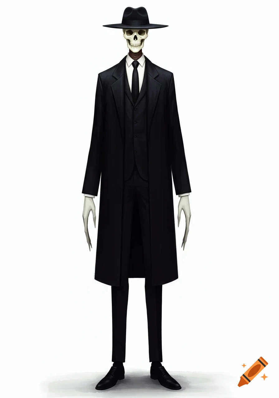 A tall, unnaturally thin skeleton man in a black suit, overcoat, and fedora, with long pale fingers, standing in a white void.