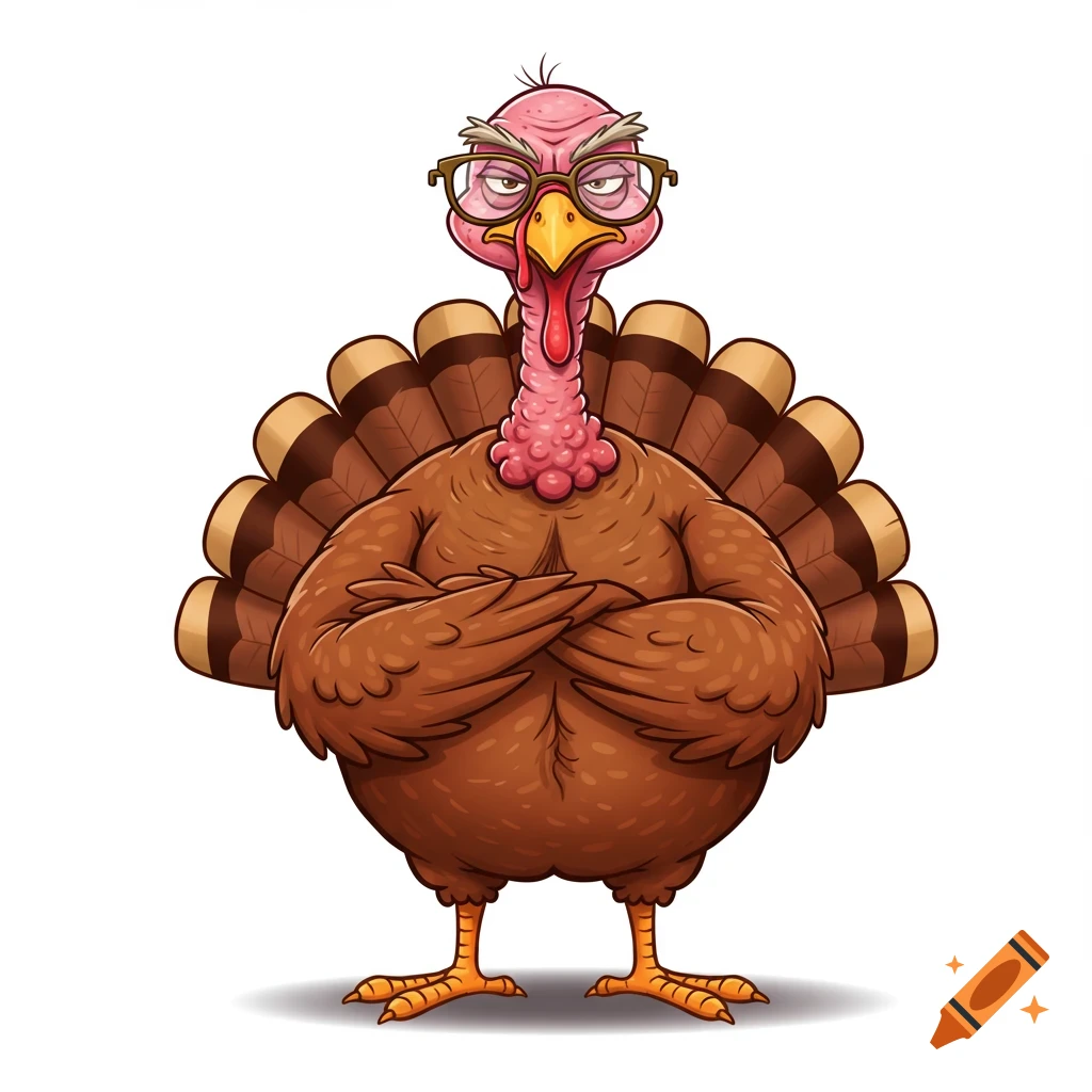 A cartoon illustration of an elderly, wrinkled turkey wearing glasses, with its arms crossed and a mad expression, against a white background.