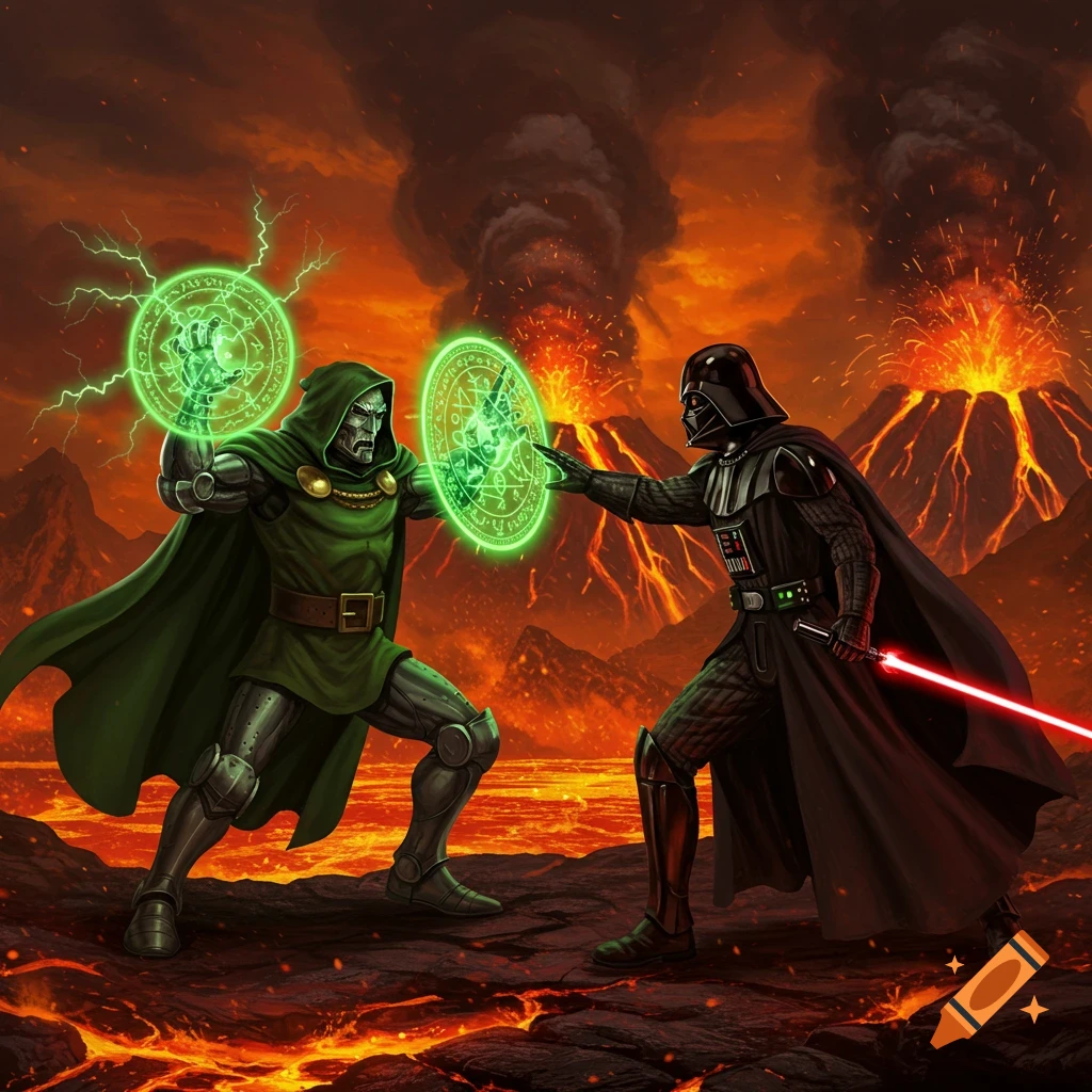 Dr. Doom and Darth Vader battle in a volcanic landscape with lava and smoking volcanoes, Doom wielding green energy shields and Vader a red lightsaber in a comic art style.