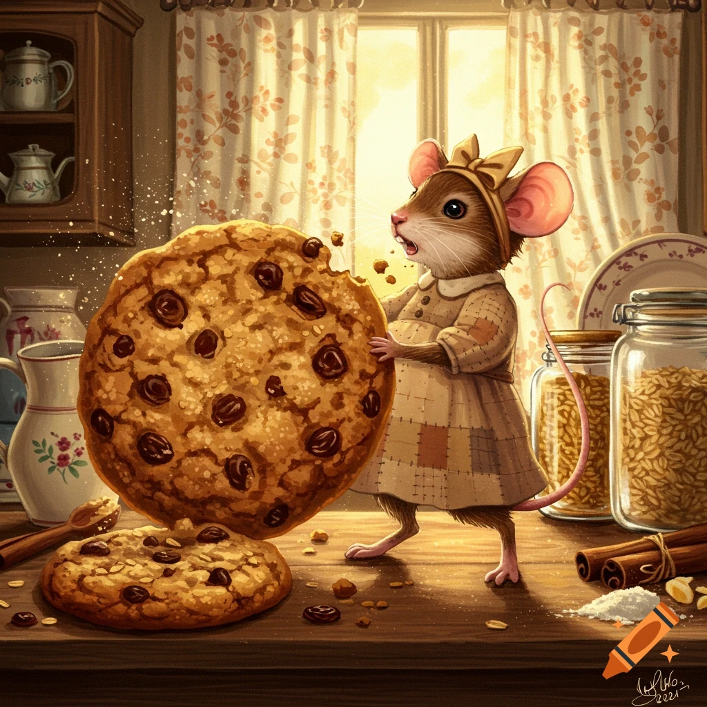 Detailed illustration of a mouse in a dress struggling to eat a huge oatmeal cookie in a cozy kitchen.