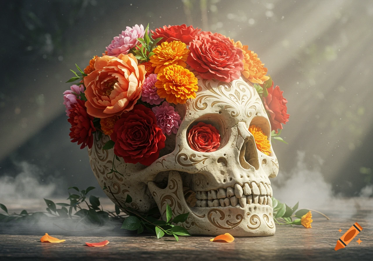 Ornately decorated skull adorned with vibrant red, orange, and pink flowers in a mystical, foggy forest.