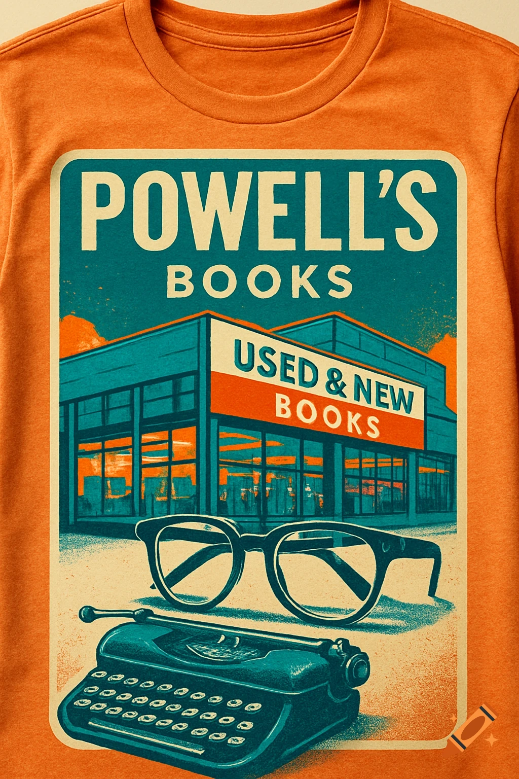 Vintage-style illustration on an orange t-shirt for Powell's Books, featuring a bookstore building, glasses, and a typewriter.