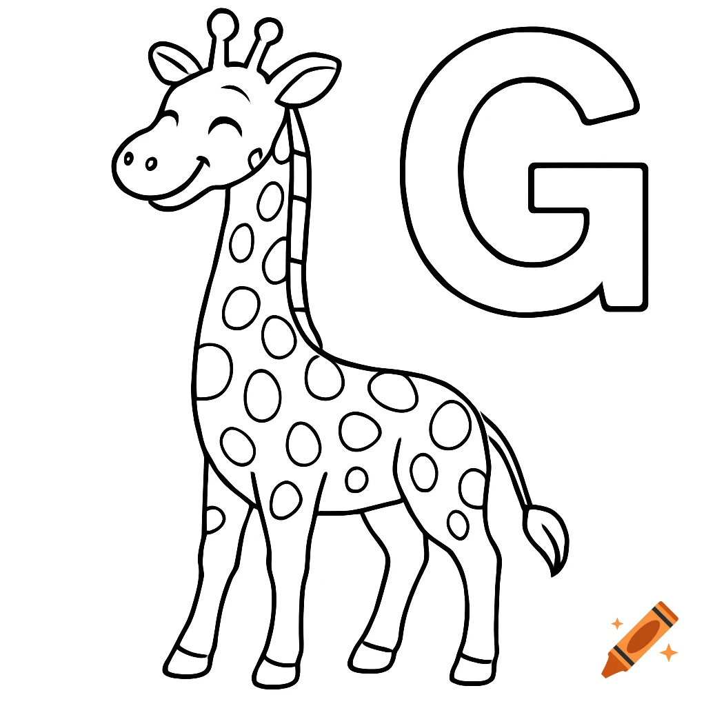 Black and white line art of a happy cartoon giraffe standing next to a large capital letter G, in a coloring book style.