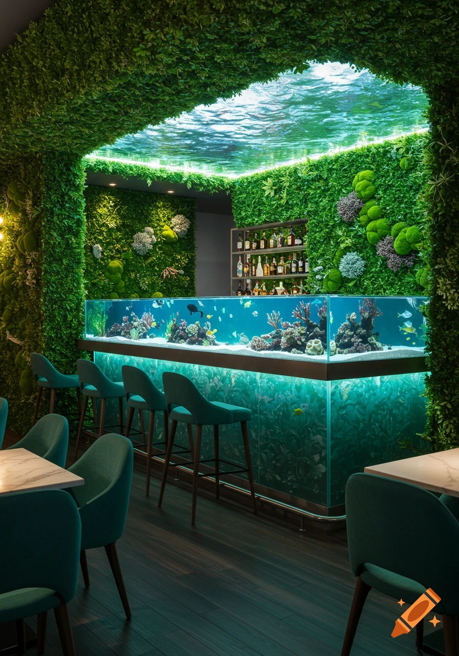 A stylish bar with a large aquarium counter, moss-covered walls and ceiling, and teal bar stools and dining chairs.