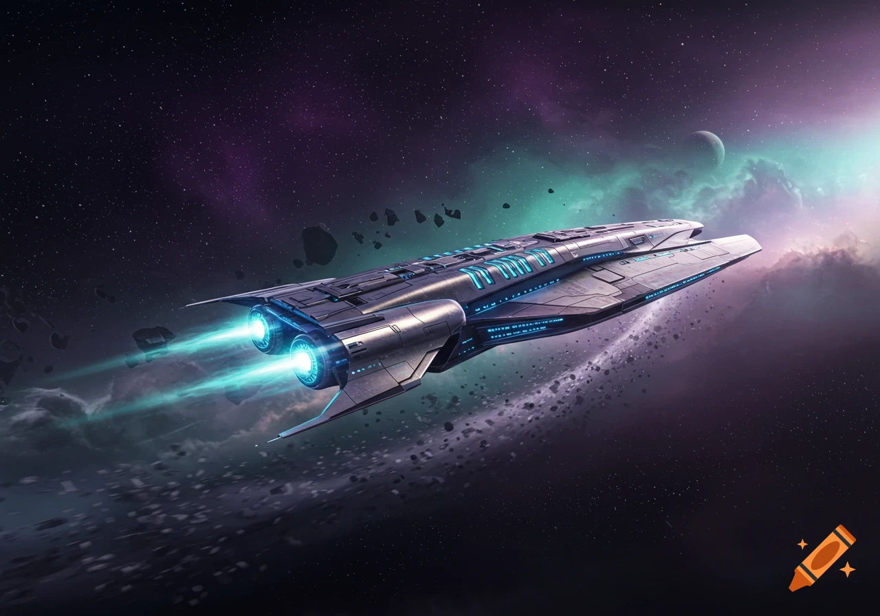 A sleek, futuristic spaceship with glowing blue engines and illuminated details flies through a vibrant purple and green nebula with a distant planet and asteroids.