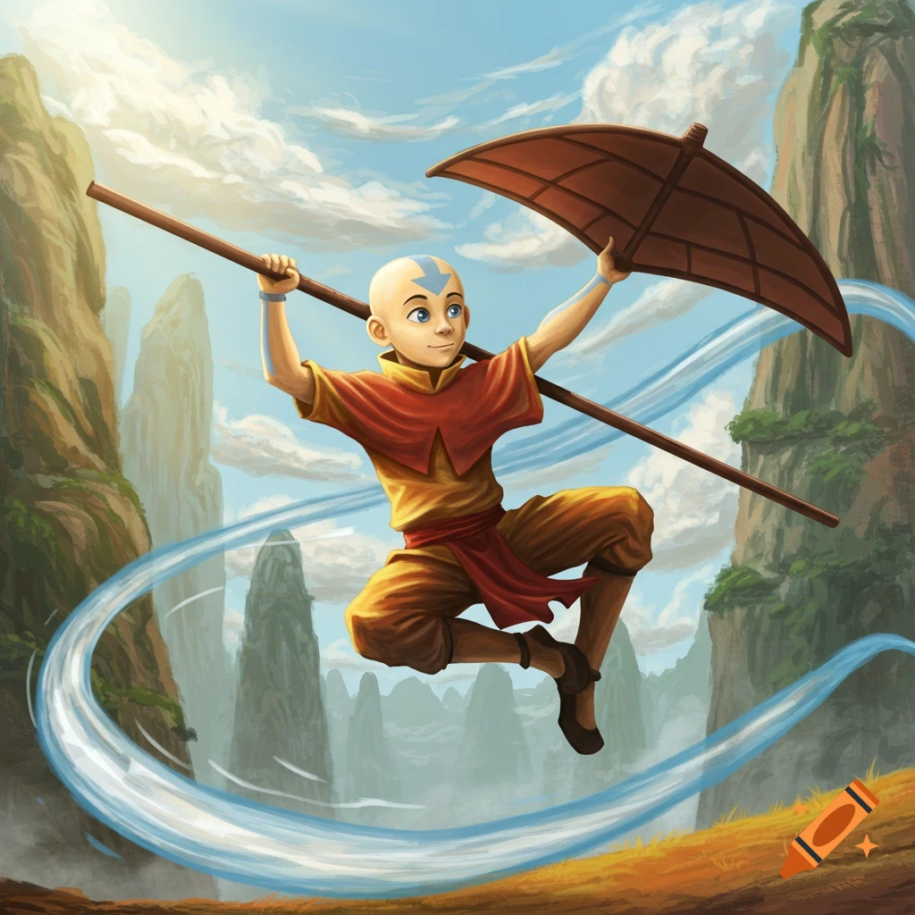 Aang from Avatar: The Last Airbender flying with his staff, airbending through a vibrant mountainous landscape.