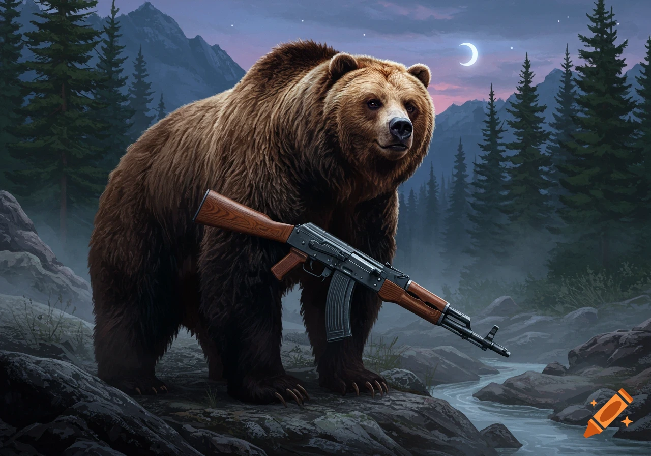 A large brown bear stands in a moonlit forest by a river, holding an AK-47 assault rifle.