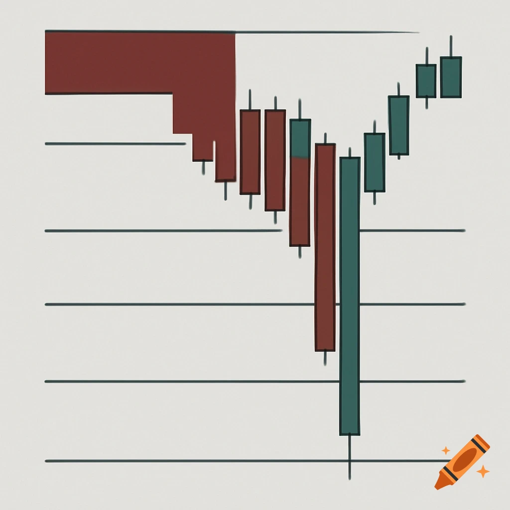 A hand-drawn candlestick chart showing a bearish market trend followed by a partial bullish recovery.