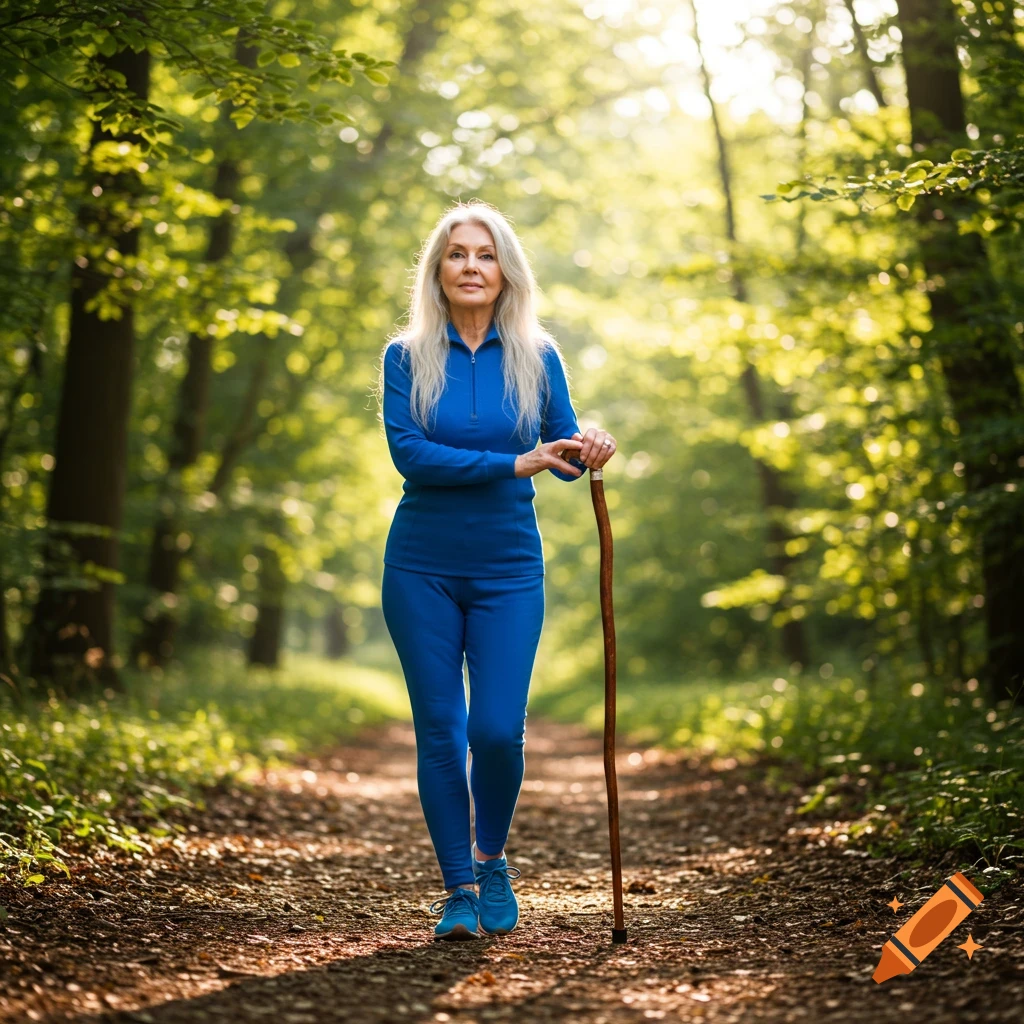 An elderly woman with long grey hair, dressed in blue athletic wear, stands on a forest path, holding a walking stick. Photorealistic.