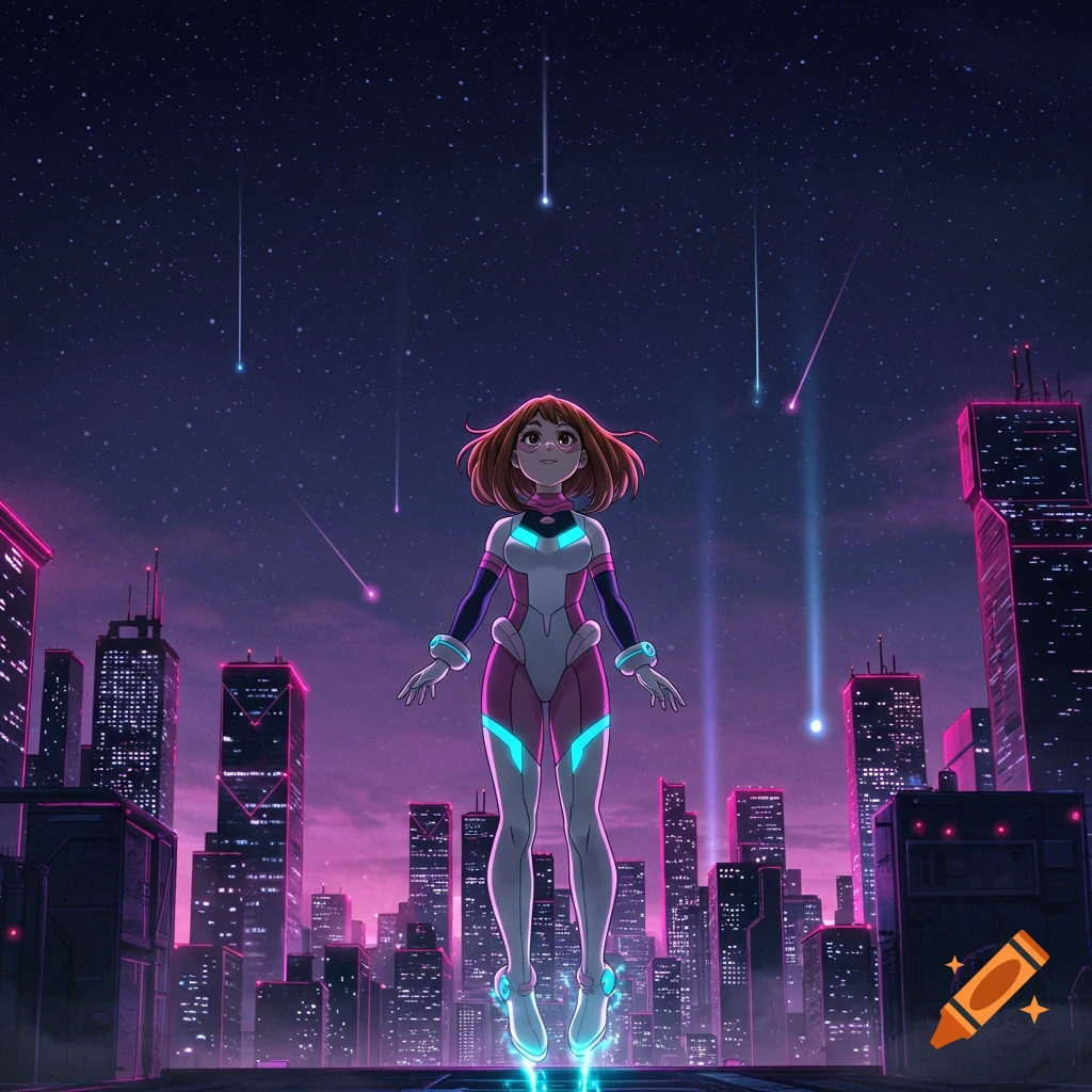 Anime character Ochako Uraraka floats above a vibrant neon city at night, under a starry sky with meteors.