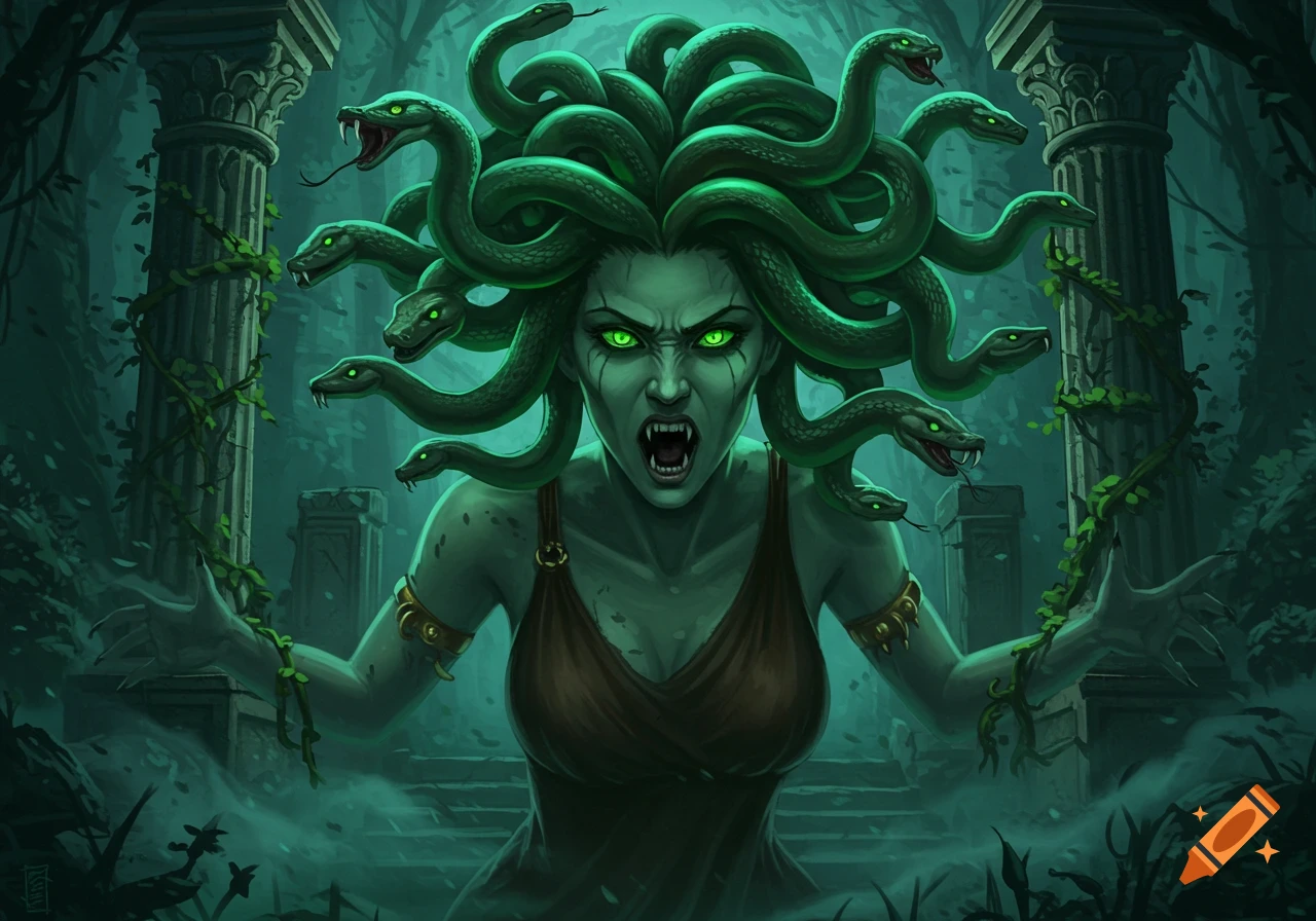 Fearsome Medusa with green skin, glowing eyes, fangs, and many snakes for hair, standing in dark, vine-covered ancient ruins.