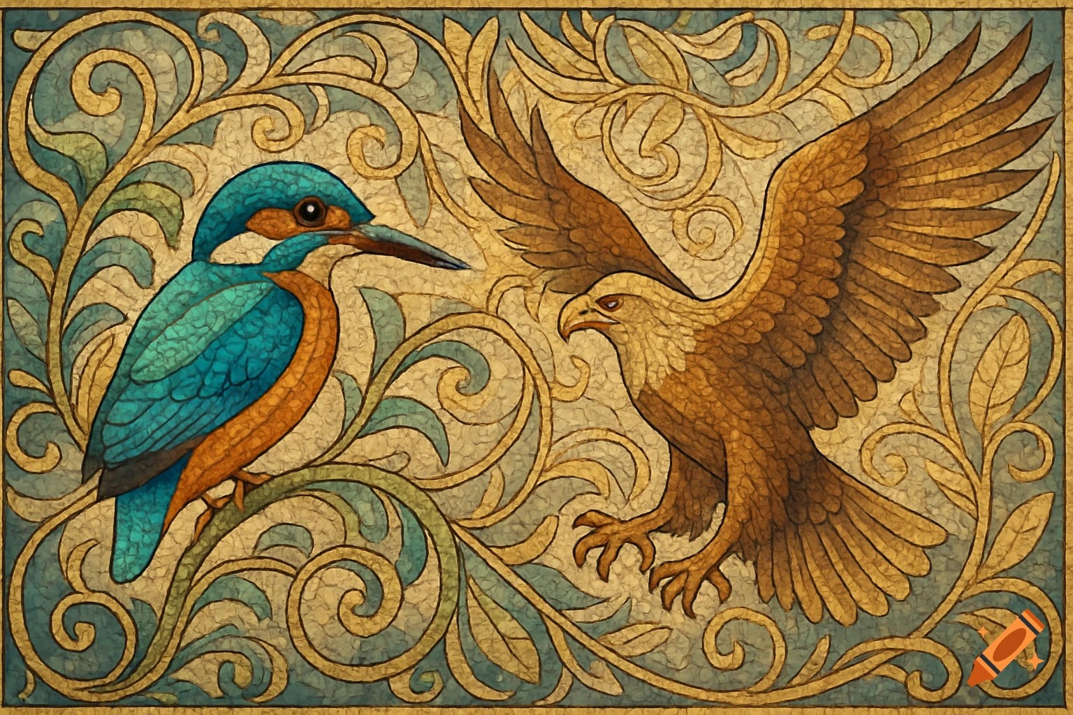 A decorative, mosaic-style image of a blue kingfisher and a brown eagle surrounded by ornate golden and green foliage.