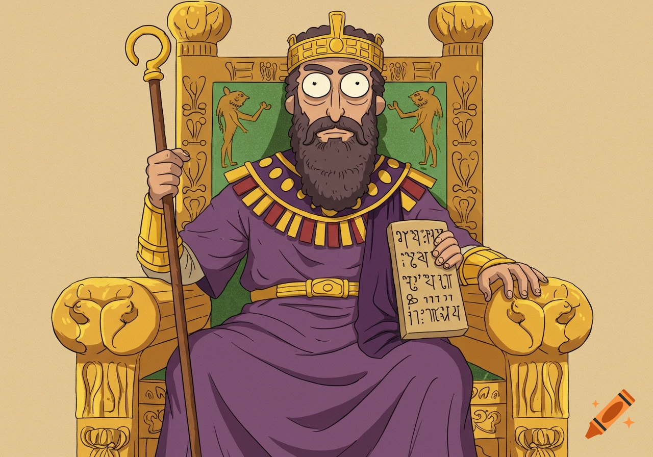 A cartoon king in the style of Rick and Morty, with a thick beard, large eyes, and purple robe, sits on a golden throne, holding a staff and a tablet.