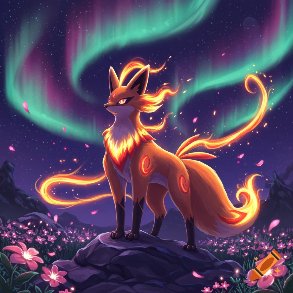 Fiery fox-like creature on a rock under a vibrant aurora and starry sky, with purple flowers. Stylized illustration.