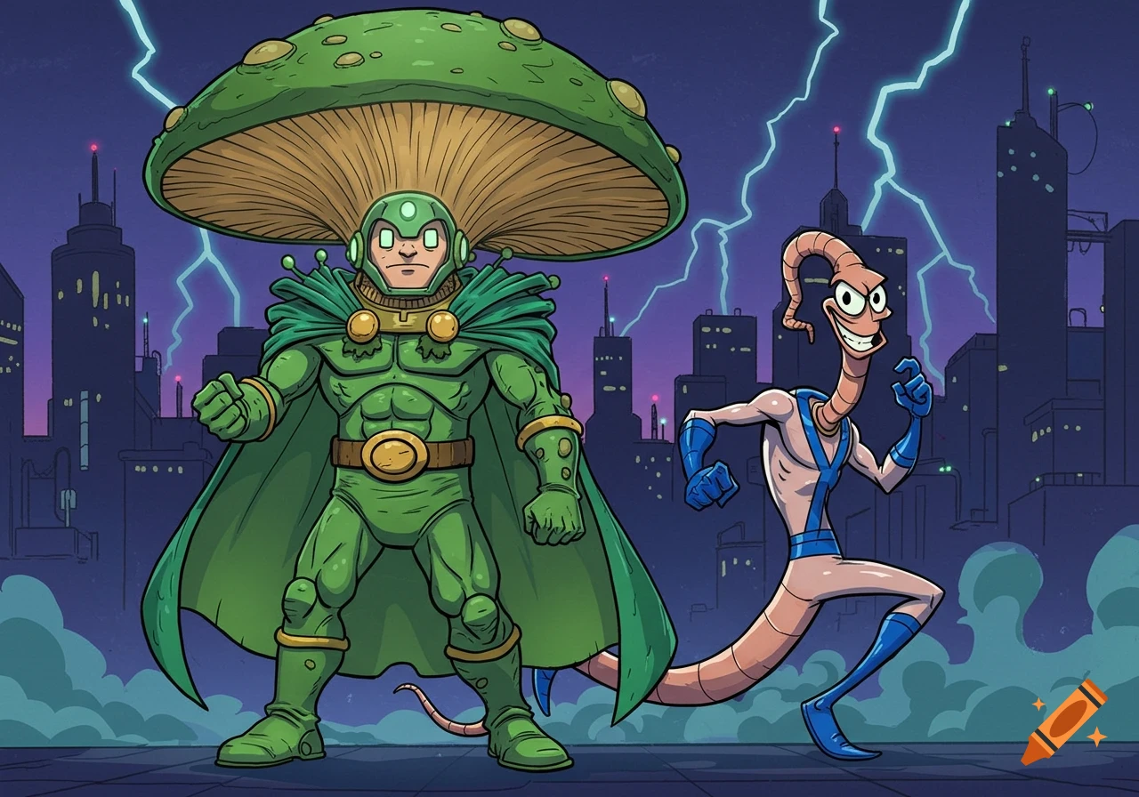 Cartoon superhero Mushroom Man in a green suit with a mushroom cap stands next to Earthworm Jim running. Lightning behind a city.