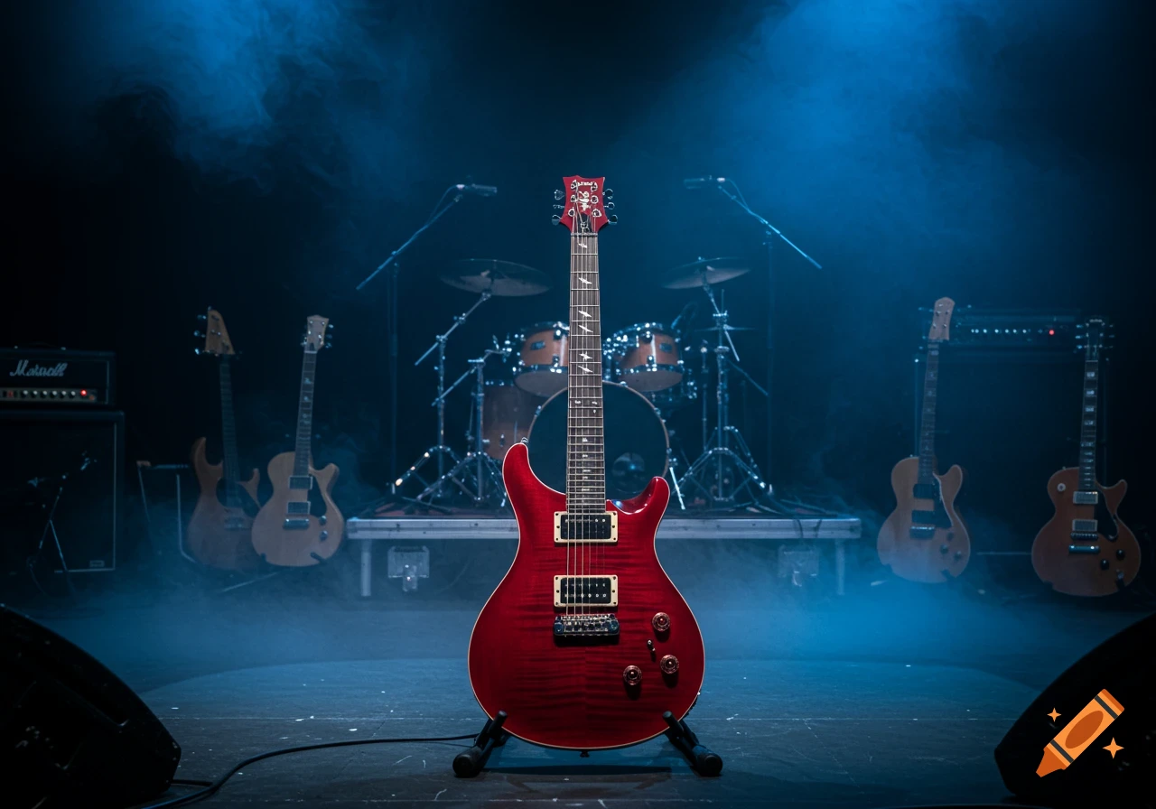 A photorealistic image of a red electric guitar on a stand at the center of a smoky stage with blue lighting, with other guitars and a drum set in the background.
