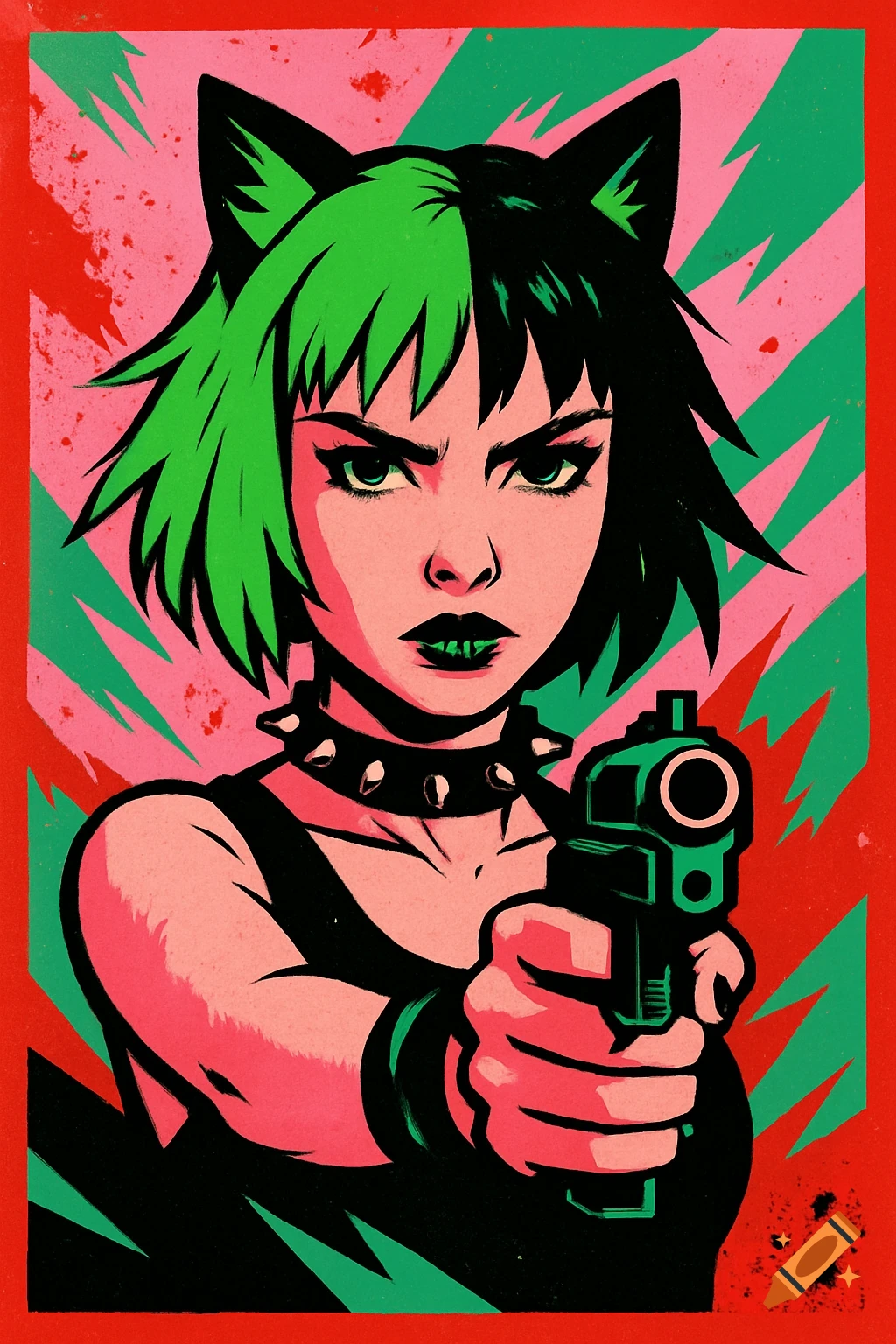 Pop art style of a punk woman with green and black split hair and cat ears, wearing a spiked choker and holding a gun.