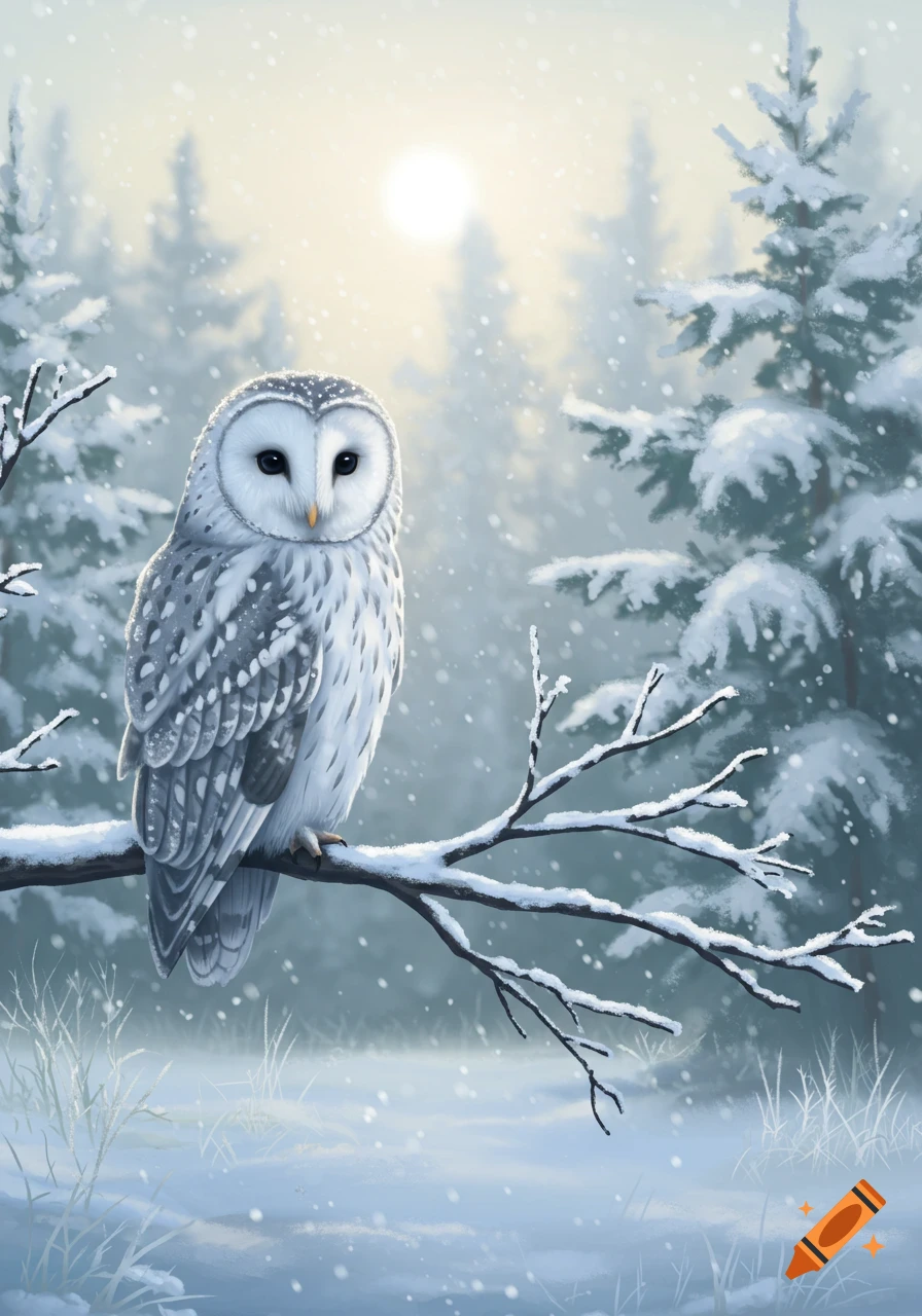 A white snowy owl with dark eyes and a yellow beak perches on a snow-covered branch in a winter forest with falling snow and a soft sun in the background.