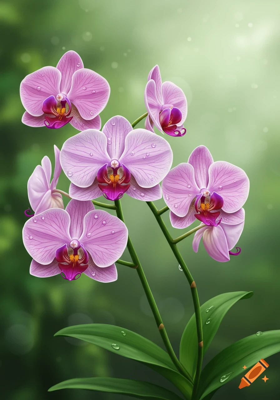 Close-up of vibrant pink and purple orchids with water droplets on a stem, against a soft green background.
